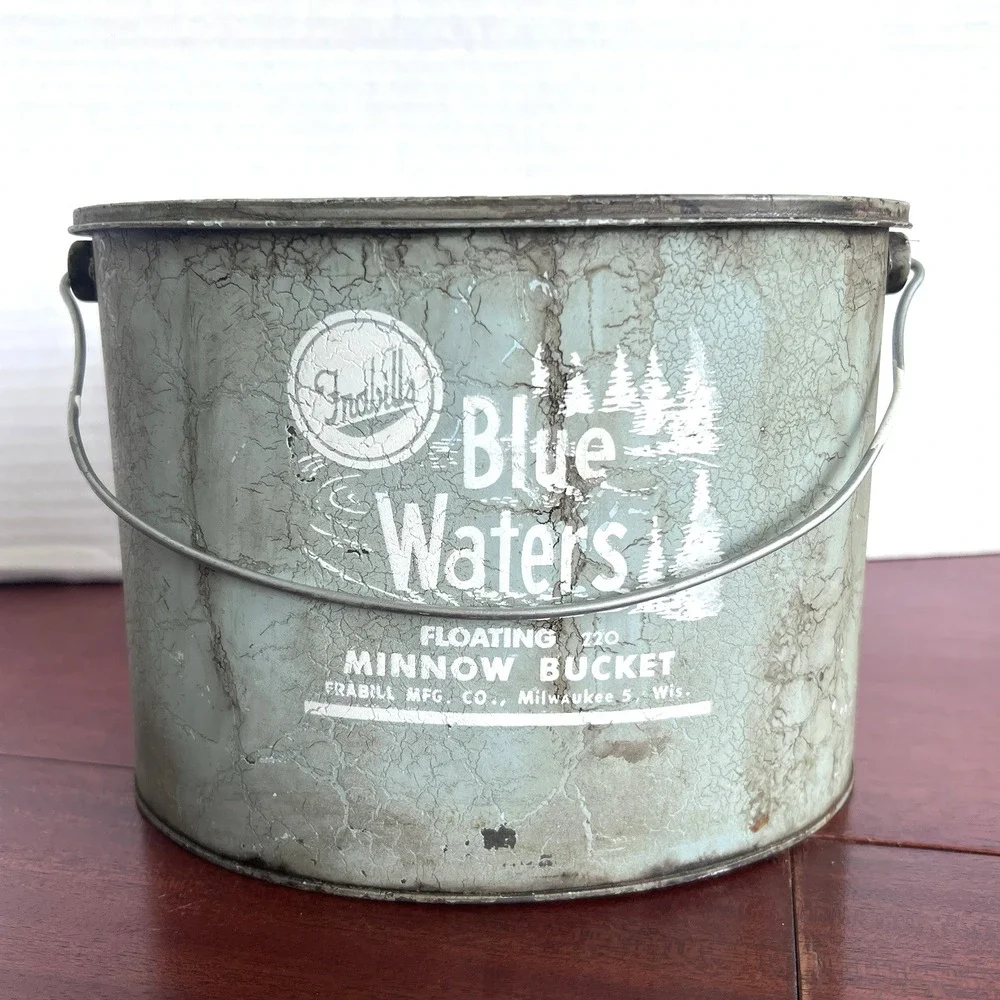 VTG Frabill Blue Waters Floating 220 Oval Metal Minnow Bucket Cabin Decor USA